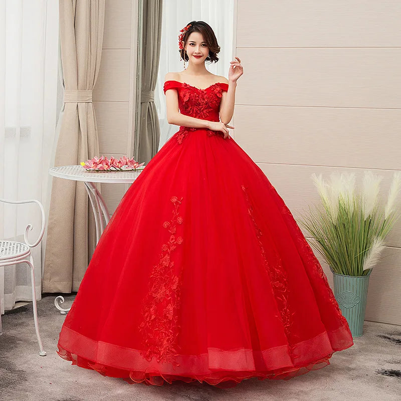 S 147A Evening Dress Long Style New Lace Beaded White Mesh Tulle Tutu Dress Slim Back Straps Bridal Wedding Dress