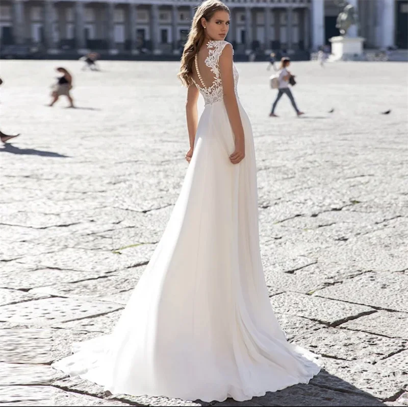 11094#Sheer Back Sweetheart Short Sleeve Lace Applique a Line Sweep Train Bohemian Chiffon Bridal Gowns Ladies Wedding Dress