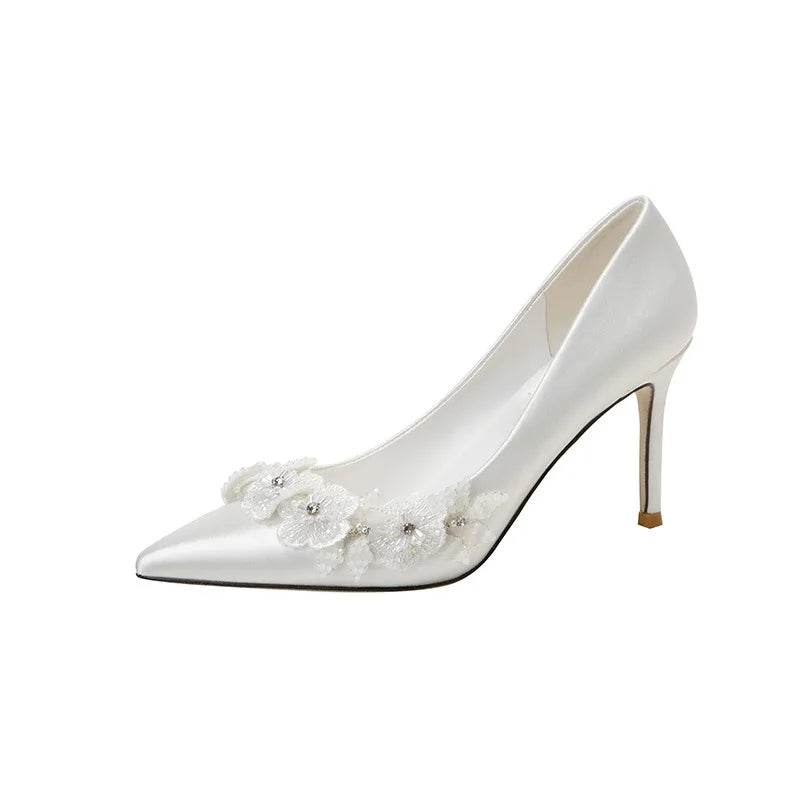 2023 Wedding Bridal Shoes Silk White Flower Temperament Dress 7CM/9CM Thin Heels Slip-On Ladies for Summer Autumn Breathable