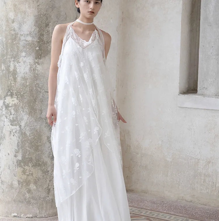 White Lace Halter Lace-Up Spaghetti Strap Floor-Length Bridal Robe Dress  Illusion Beach Vacation Banquet Gown