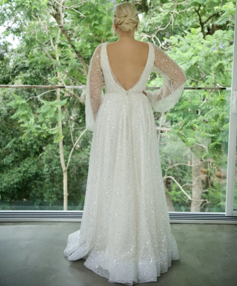 15290# Exquisite Puffy Sleeves Backless V-neck Pearls Wedding Clothes Bridal Gown for Plus Size Women Prom Party Evening Dresses