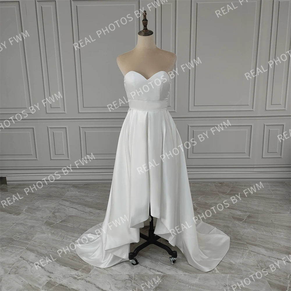 15506# Real Photos 2 in 1 High Low Boat Neck Sweep Train Satin A-line Wedding Dress Bridal Gown for Women With Pockets
