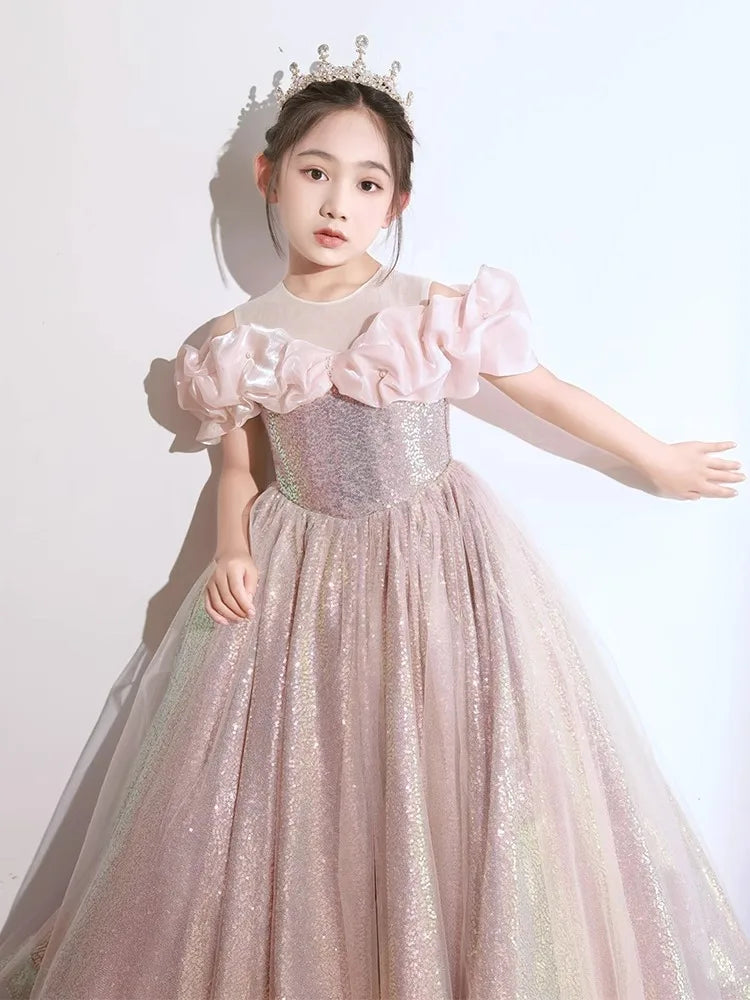Girl Wedding Dress Solid Color Long Children Party Flower Girls Dress a Line Baby Girl We
