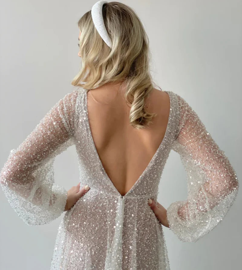 15290# Exquisite Puffy Sleeves Backless V-neck Pearls Wedding Clothes Bridal Gown for Plus Size Women Prom Party Evening Dresses