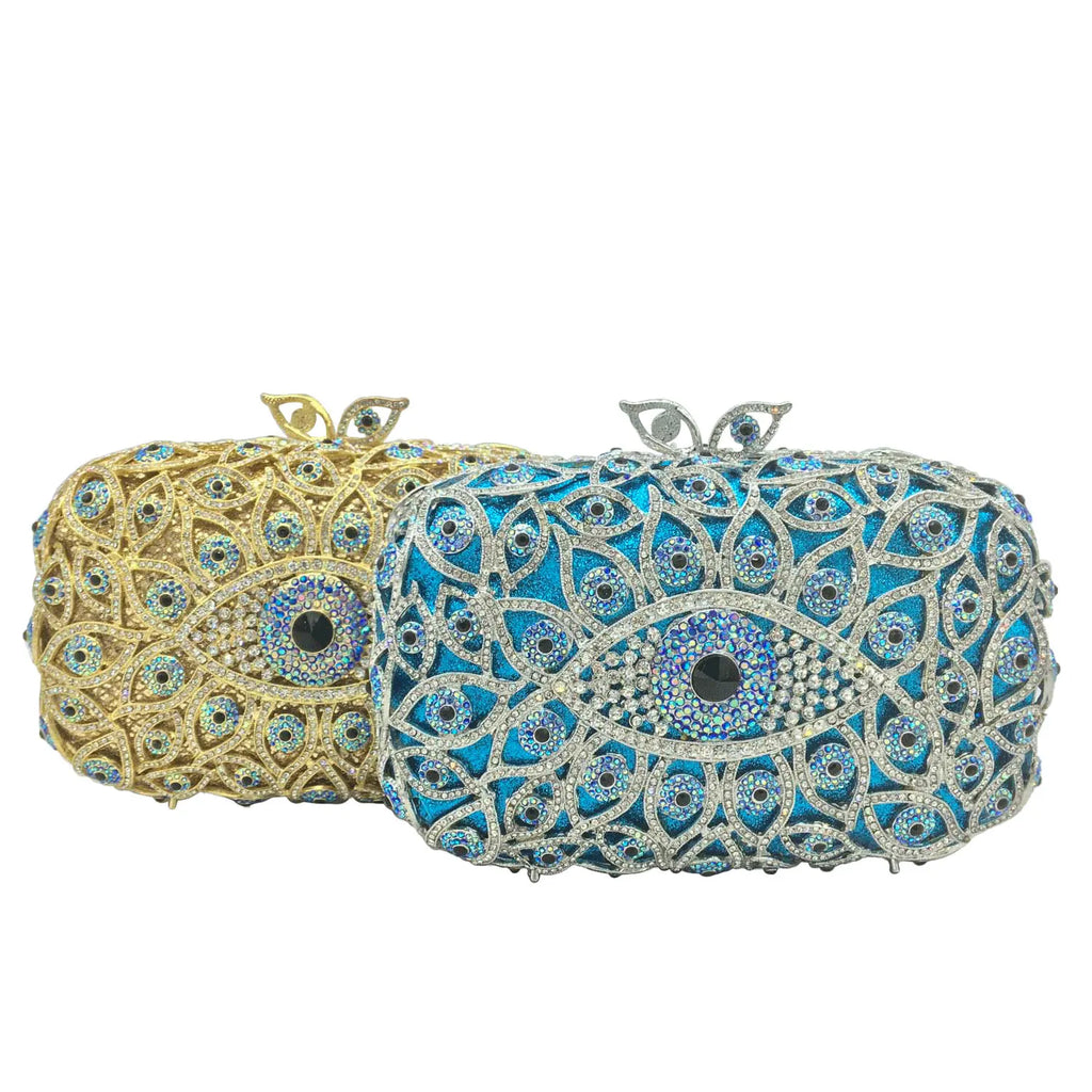 Boutique De FGG (in stock) Evil Eye Women Crystal Clutch Evening Minaudiere Bags Party Dinner Rhinestone Handbags Bridal Purse