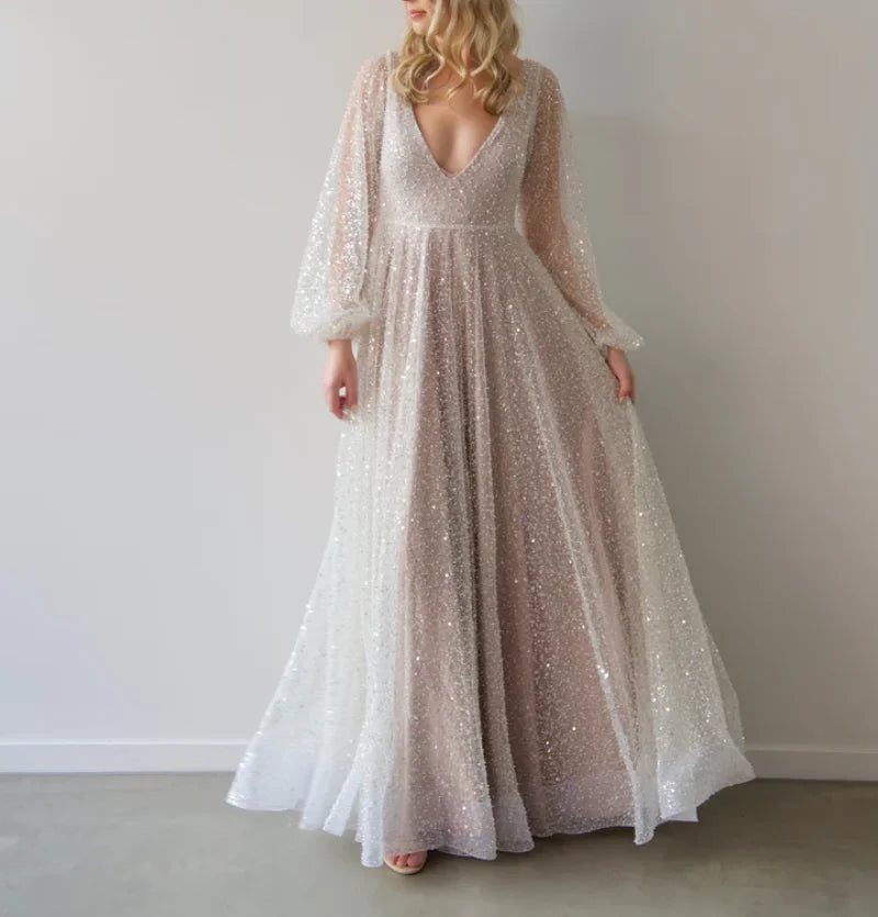 15290# Exquisite Puffy Sleeves Backless V-neck Pearls Wedding Clothes Bridal Gown for Plus Size Women Prom Party Evening Dresses