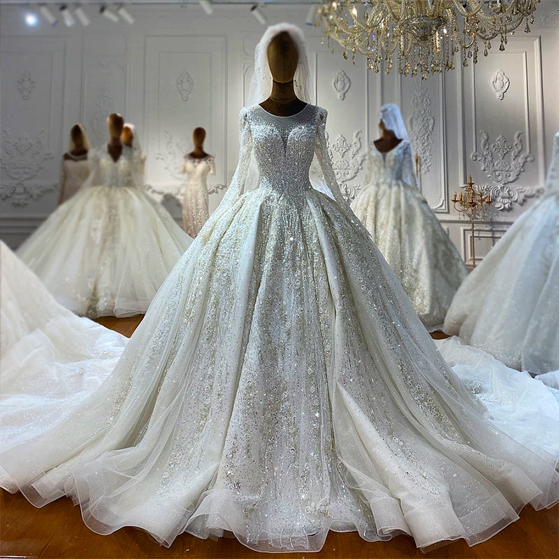 Jancember NS4206 Heavy Beaded Long Sleeve Luxury  Ball Gown Bridall Wedding Dress for Women