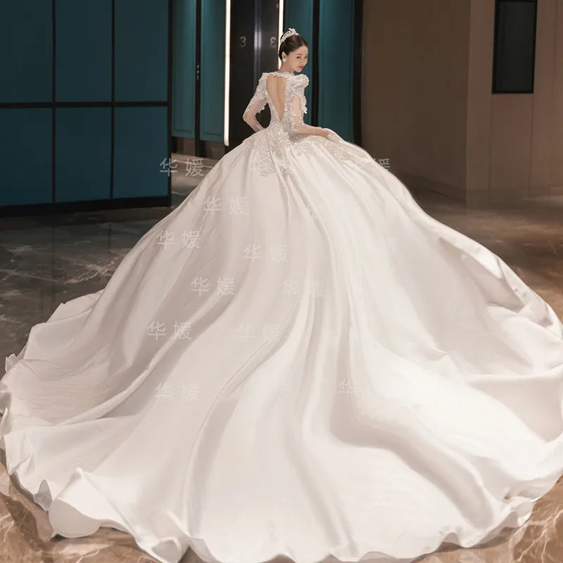 S0417T High-End Bohemian Wedding Dress One-Shoulder Beaded Diamond Tulle Elegant Dreamy Simple Spring Bridal Gown High Collar