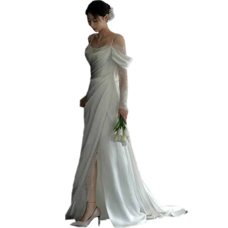 S0176G   2026 New Satin -shaped Shoulder Strap Simple Korean Welcome Bride Dragging Lace Party Dresses Women Evening Elegance