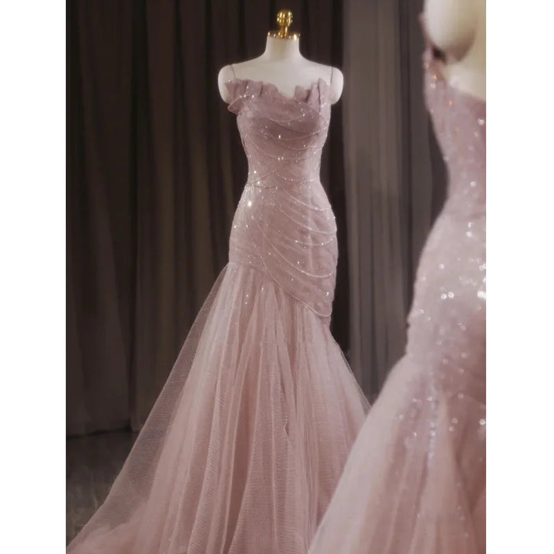 French-Style Luxury Pink Evening Wedding Dress for Women Fishtail Trailing Light Short Sling Fairy Host Sequined Lace-Up Back