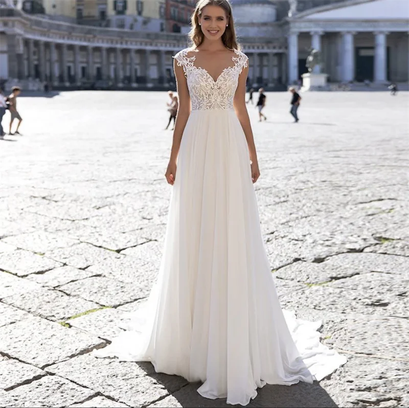 11094#Sheer Back Sweetheart Short Sleeve Lace Applique a Line Sweep Train Bohemian Chiffon Bridal Gowns Ladies Wedding Dress