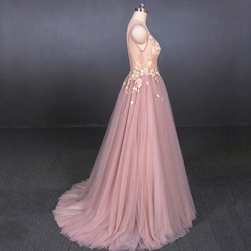 Customized Deep V-Neck Backless Pink Peach Blossom Wedding Dress for Bride and Bridesmaids Modern Slimming Tiered Decoration