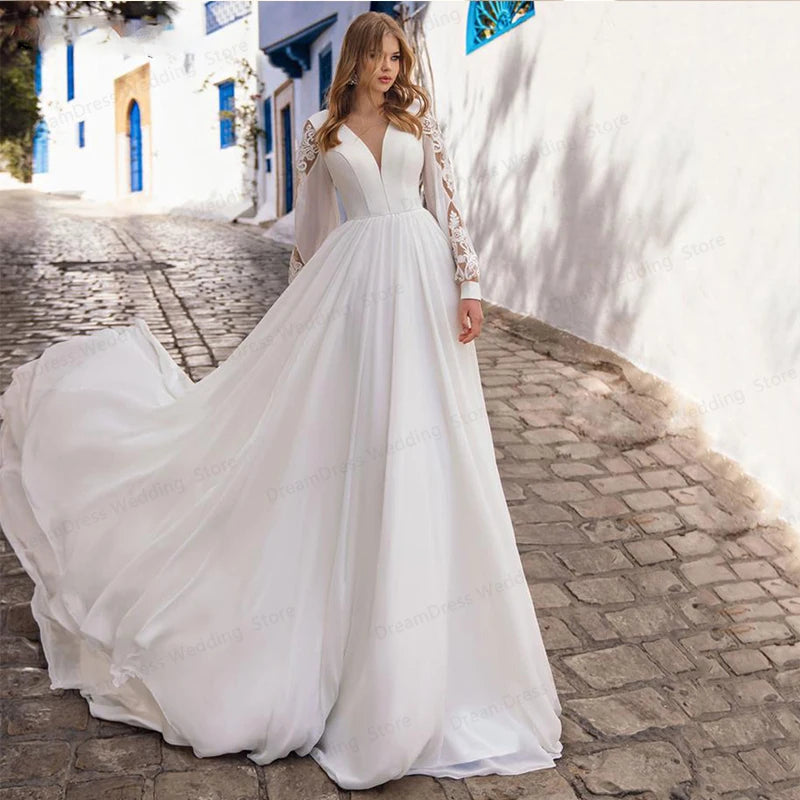 13104#A-Line Simple V-Neck Beach Bohemian Pleated Chiffon Princess Lace-up Long Sleeve Lace Appliques Wedding Dress Bridal Gown
