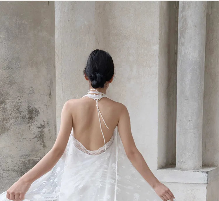 White Lace Halter Lace-Up Spaghetti Strap Floor-Length Bridal Robe Dress  Illusion Beach Vacation Banquet Gown