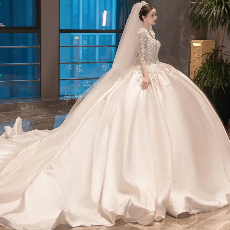 S0417T High-End Bohemian Wedding Dress One-Shoulder Beaded Diamond Tulle Elegant Dreamy Simple Spring Bridal Gown High Collar