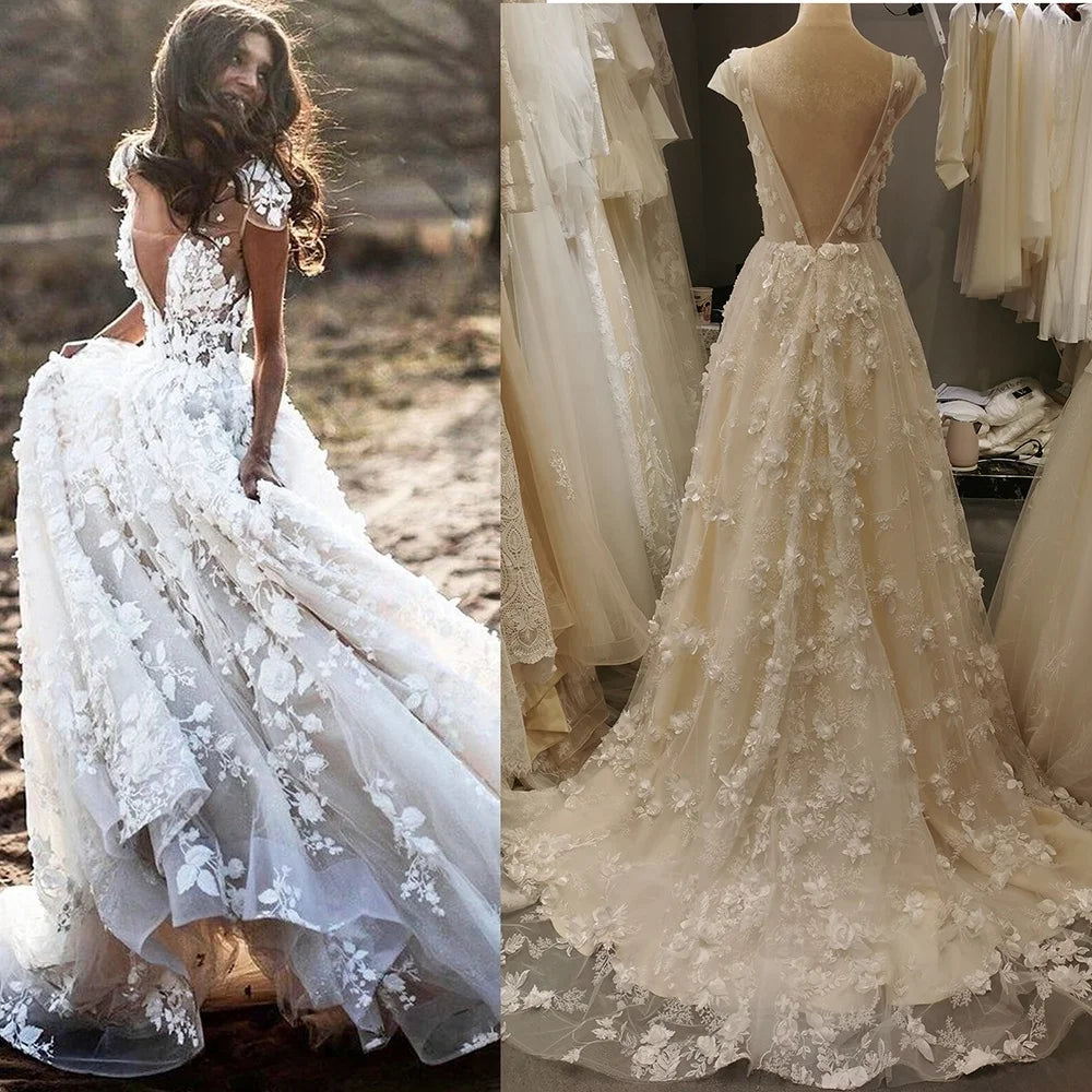 #8100 Prime Quality Real Photos Cap Sleeve Champagne Special Design Lace A-Line Backless Bridal Gown Wedding Dress