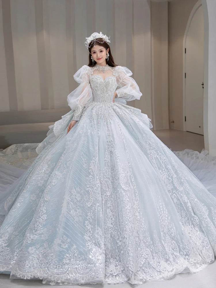S0418T High-End Bohemian Wedding Dress One-Shoulder Beaded Diamond Tulle Elegant Dreamy Simple Spring Bridal Gown High Collar