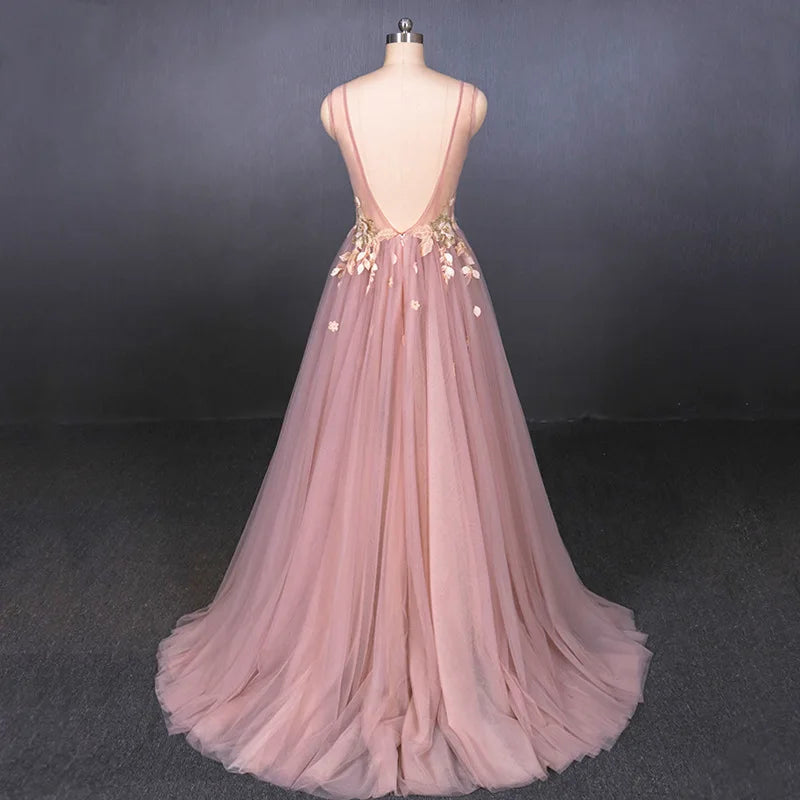 Customized Deep V-Neck Backless Pink Peach Blossom Wedding Dress for Bride and Bridesmaids Modern Slimming Tiered Decoration