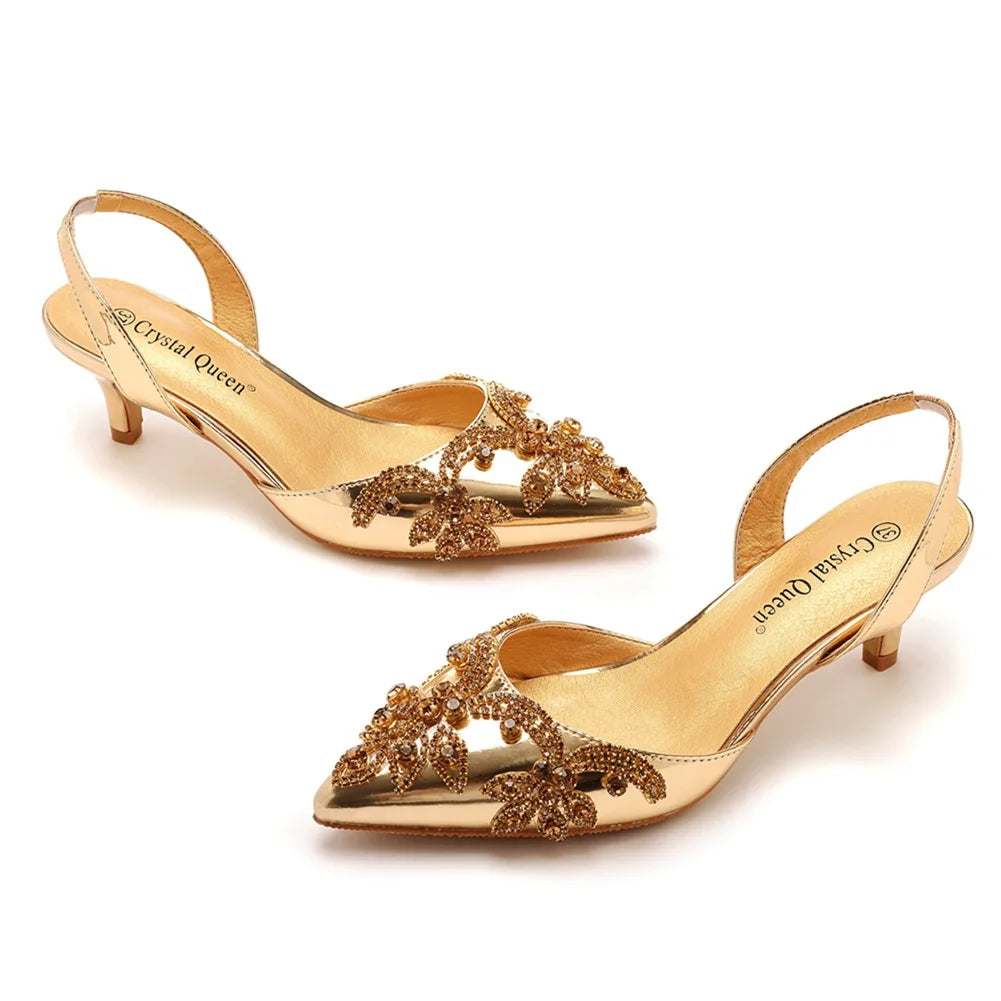 BS053 Gold Beading Bridal Shoes Wedding 5cm High Heel White Crystal Princess Shoes Mariage Party Bridesmaid Footwear Size 38