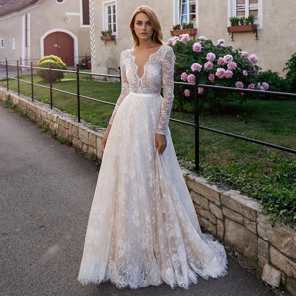11679#Sexy Deep V-Neck Long Sleeve Lace Sweep Train Open Back Bohemian A-Line Beach Wedding Dress Wedding Gown Bridal Gown