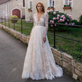 11679#Sexy Deep V-Neck Long Sleeve Lace Sweep Train Open Back Bohemian A-Line Beach Wedding Dress Wedding Gown Bridal Gown