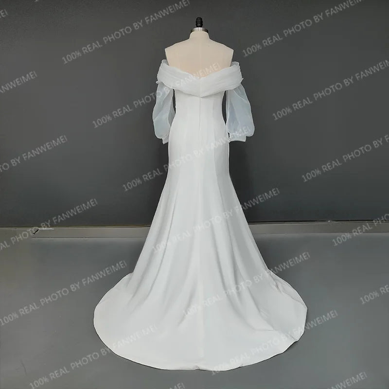 13163#Mermaid Simple Wedding Dresses Off-Shoulder Puffy Sleeves Pleated Boho Civil Soft Satin Elegant Wedding Bridal Gown