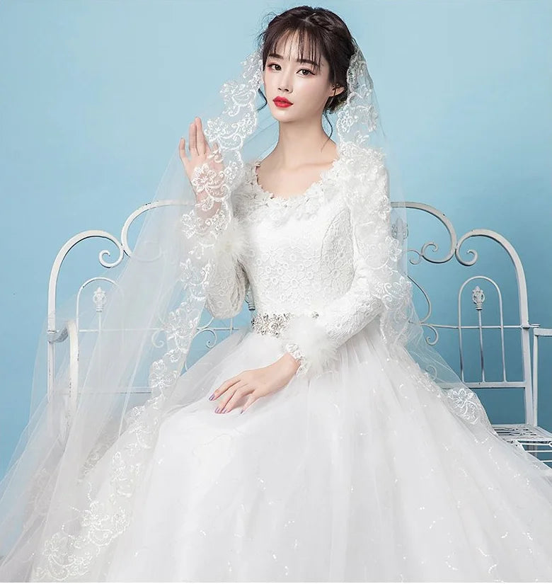 Spring Autumn Korean Lace Long Sleeve Bride Plus Size Floor Length Wedding Dresses Princess Bridal Gown