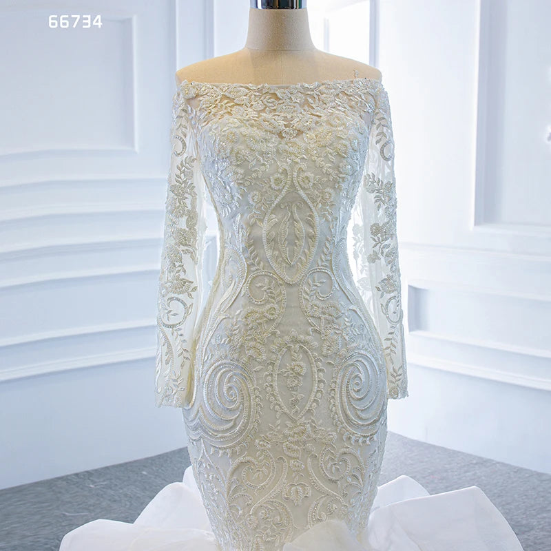Jancember RSM66734 Mermaid Tail Off Shoulder Luxurious Long Sleeve Lace Wedding Dress