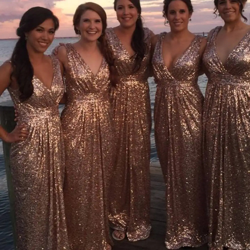 DB049 Design New China Factory Gold Bridesmaid Dresses Sequins Bling Bling Sparkly a Line Deep v Neck Wedding Party Dresses
