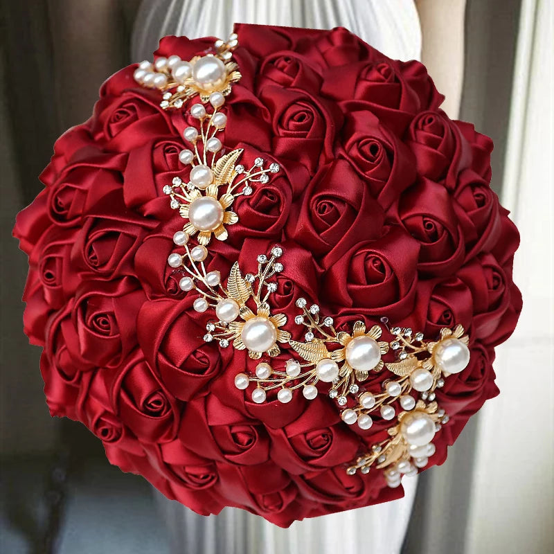 1pc/lot Navy Wedding Bouquet Gold Diamond Silver Diamond Pearl Decoration Bridal Wedding Bouquet Artificial Ribbon Rose