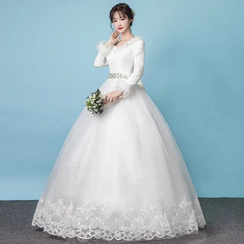 Spring Autumn Korean Lace Long Sleeve Bride Plus Size Floor Length Wedding Dresses Princess Bridal Gown