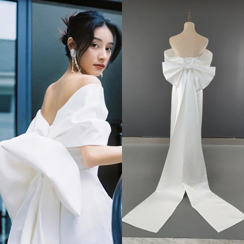 2238# Real Photos Off Shoulder Detachable Big Bow Sheath Wedding Dress for Party Low Back Soft Satin Bridal Gown Custom Made