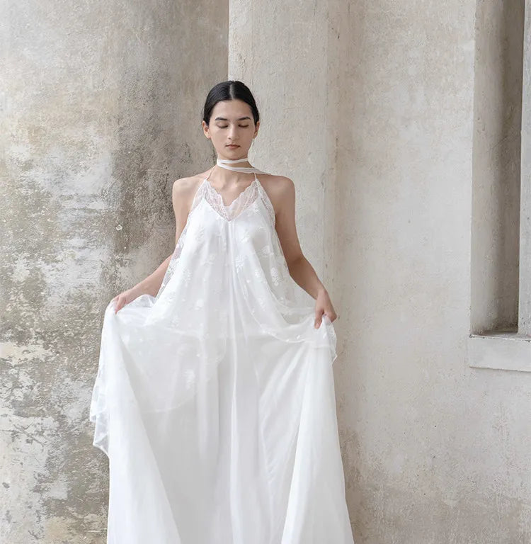White Lace Halter Lace-Up Spaghetti Strap Floor-Length Bridal Robe Dress  Illusion Beach Vacation Banquet Gown