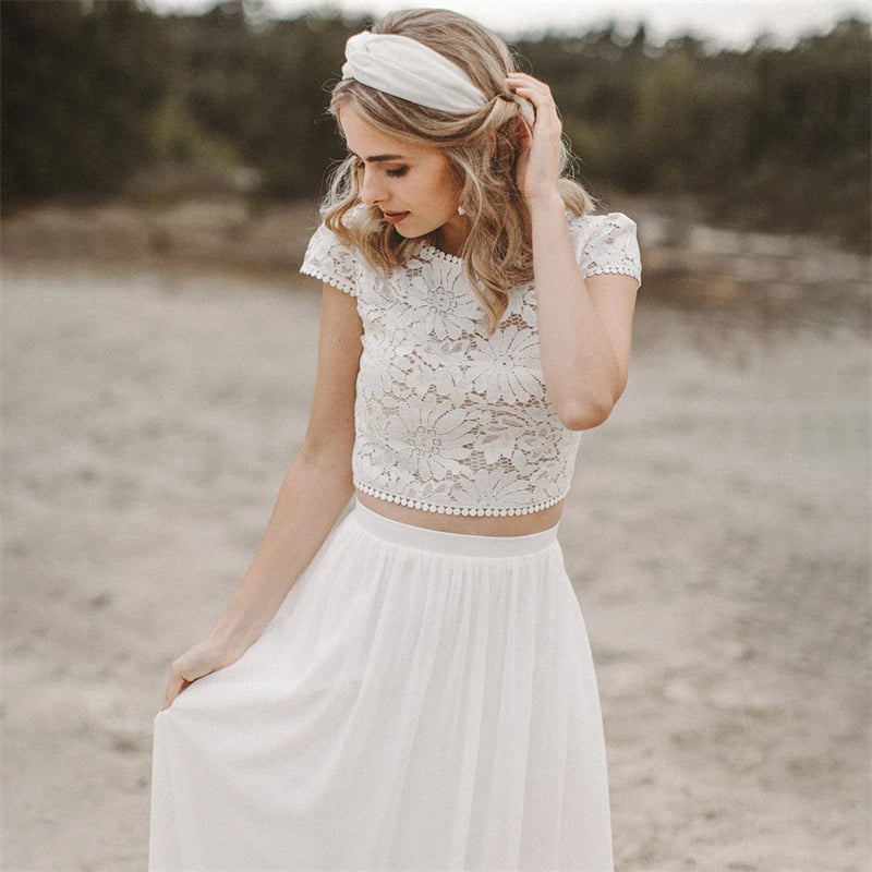 12178# Real Photos Two Piece Appliques Lace Soft Chiffon Wedding Dress for Engagement Backless Sweep Train Bridal Gown