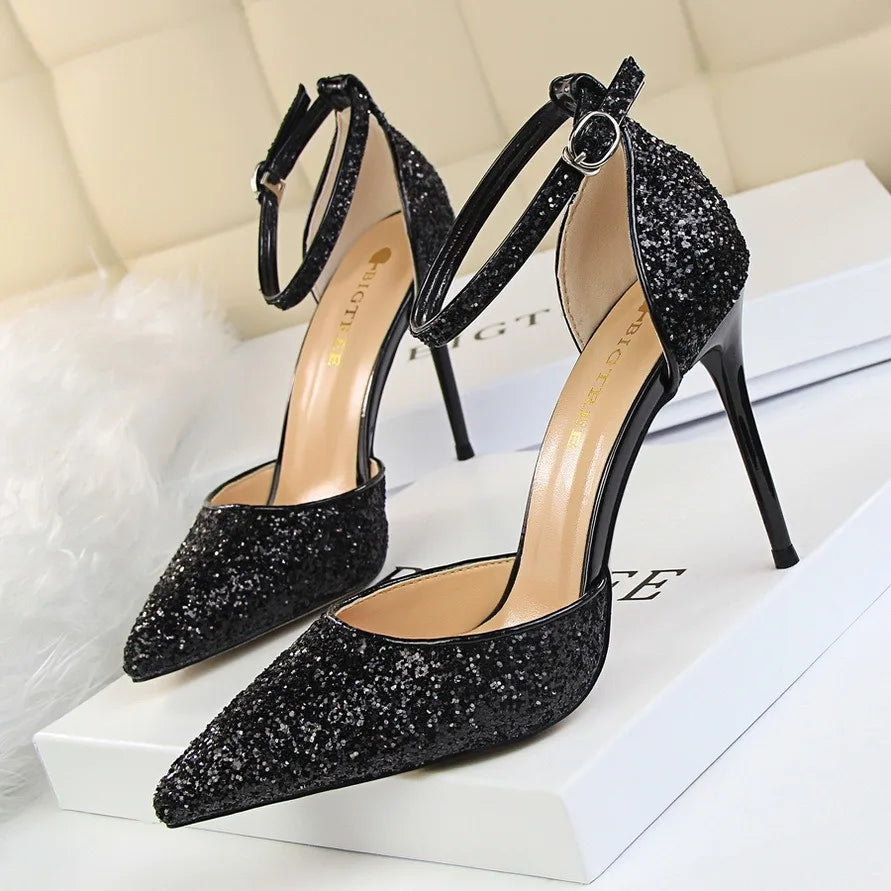Wholesale Luxury Ladies' Summer Stilettos High Quality Bling Sandals Anti-Slippery Thin Heels with Ankle Buckle Bridal Shoes