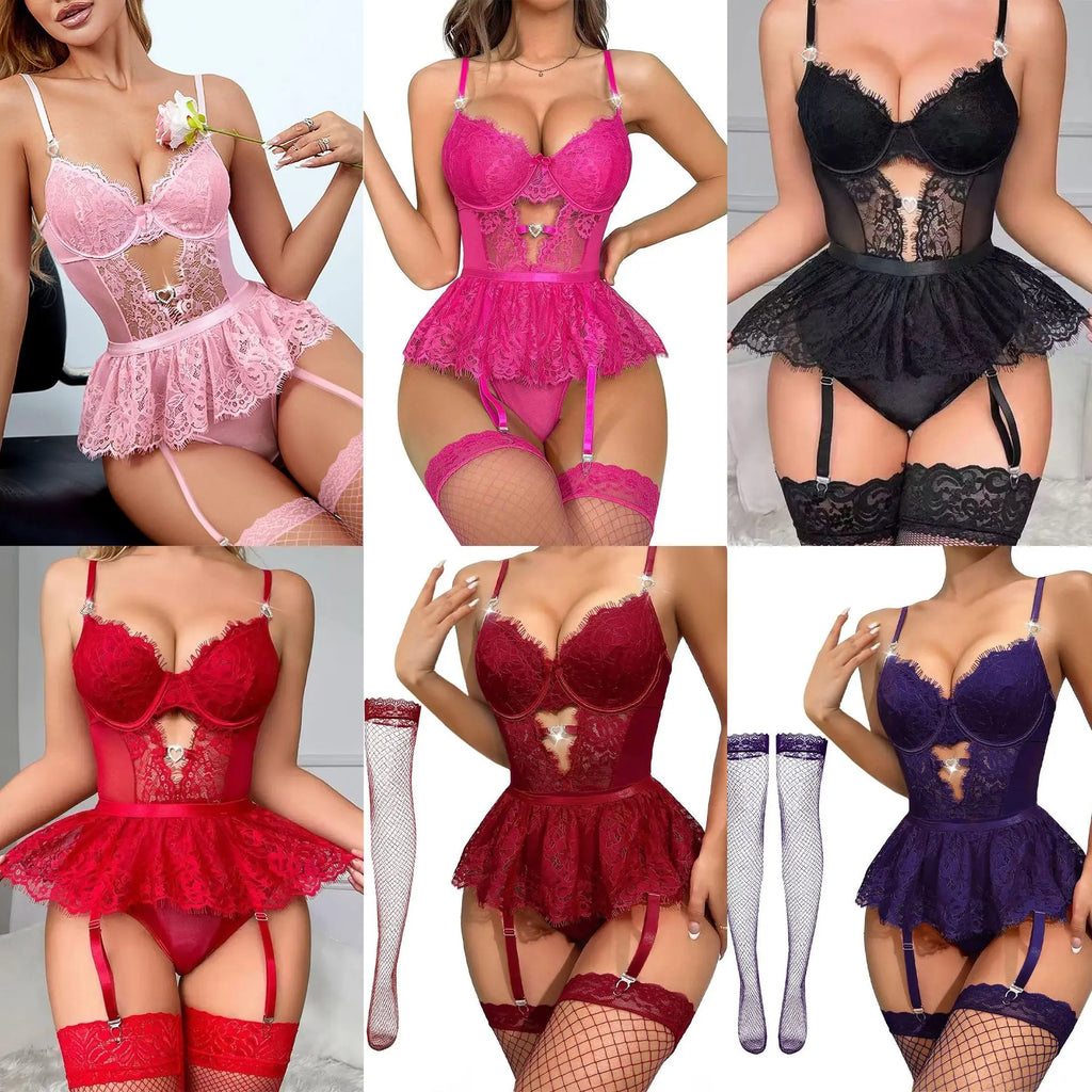Sexy Roleplay Costume Red Lace Garter Corset for Women for Honeymoon Night Floral Lace Honeymoon Gift