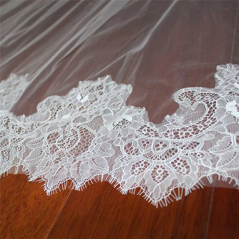 Customized Elegant Long Wedding Veil with Eyelash Lace, Single Tier 2.5m/3m/3.5m Ivory Wedding Veil with Comb, Lace Bridal Veil