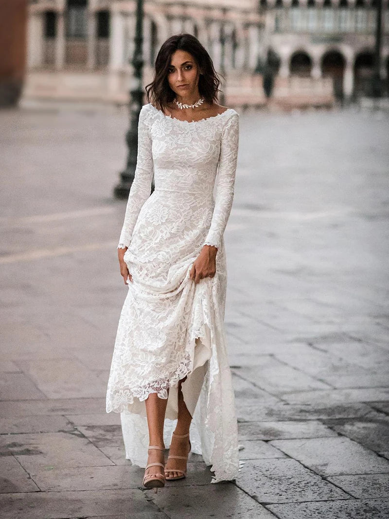 10561#Bohemian Beach Boat Neck Beach A-Line Lace Ruched Sexy Backless Sweep Train Long Sleeves Long Wedding Dress Bridal Gown