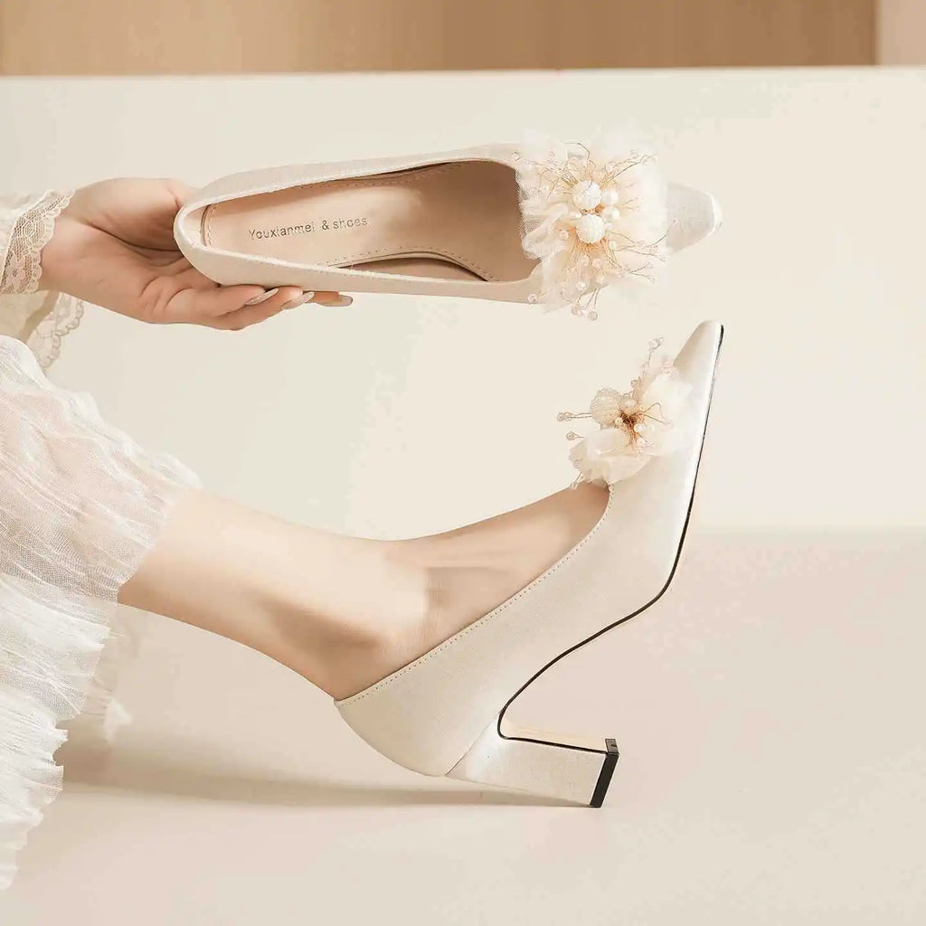 Youxianmei Solid Pumps Pointed Toe Satin Block Heel Bridal Shoes Flower Decoration High Heel Light Weight Buckle Strap High
