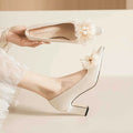 Youxianmei Solid Pumps Pointed Toe Satin Block Heel Bridal Shoes Flower Decoration High Heel Light Weight Buckle Strap High