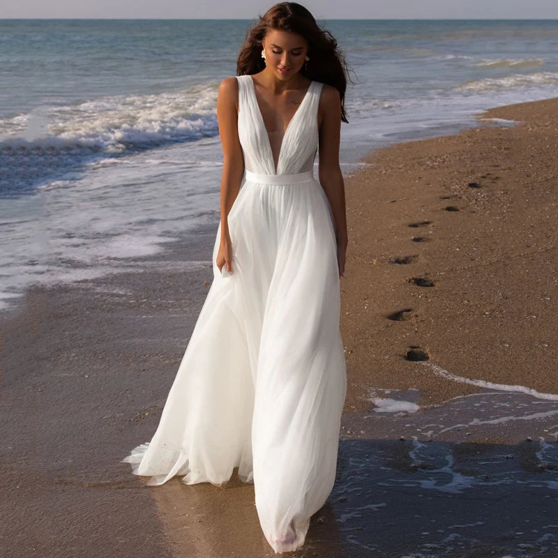 13388#Simple Tulle Sleeveless V Neck A-Line Wedding Dress Sweep Train Elegant Backless Wedding Dress Bridal Gown Evening Dress