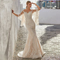 13365#Illusion Chic Bohemian Sweetheart Elegant Backless Lace-Up Flare Sleeves Mermaid Lace Applique Wedding Dress Bridal Gown
