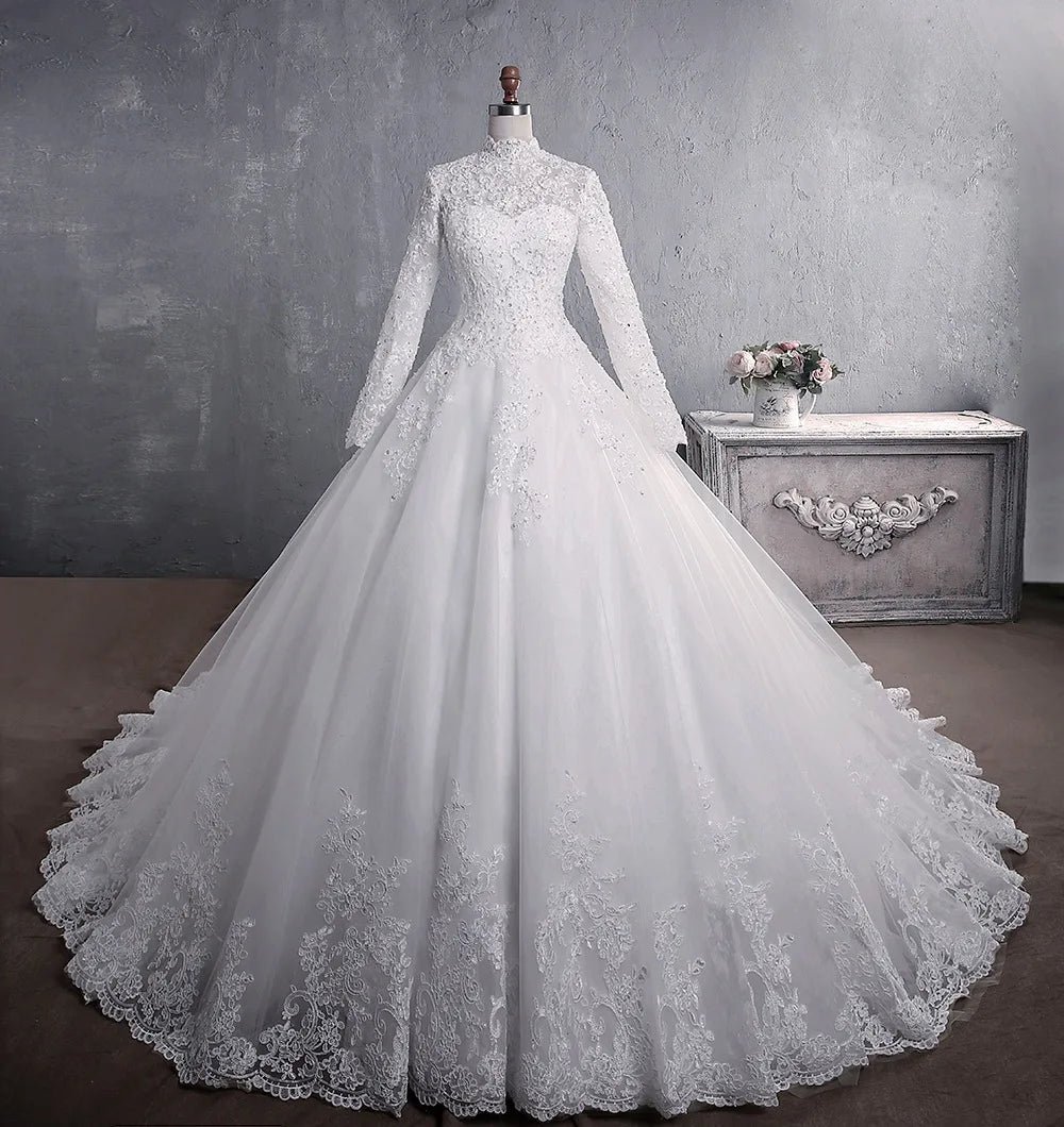 Customizable American Lace Vintage Empire Bridal Dress Zipper Back Stand Collar Long Sleeve Large Tail Plus Size Muslim Wedding