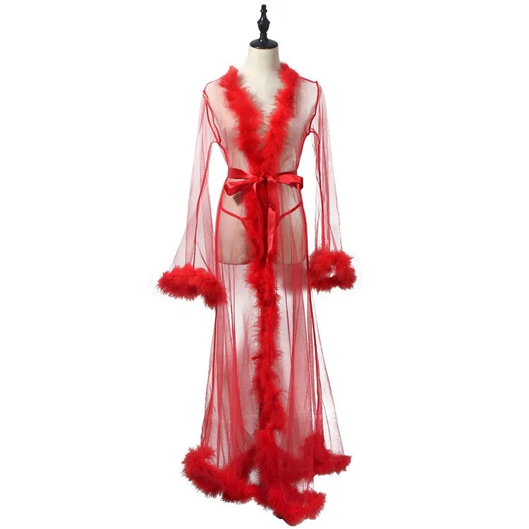 2021 Pajama Robe Sexy Mesh Fur Robe Lingerie Women Valentines Day Lingerie Robe