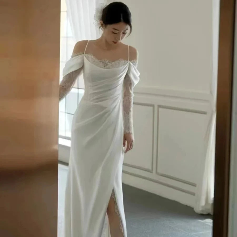 S0176G   2026 New Satin -shaped Shoulder Strap Simple Korean Welcome Bride Dragging Lace Party Dresses Women Evening Elegance