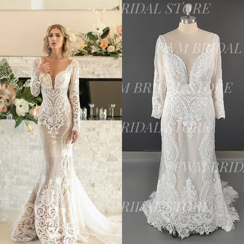Exquisite V-neck Mermaid Wedding Dress for Plus Size Women Sweep Train Illusion Appliques Lace Long Sleeves Bridal Gown
