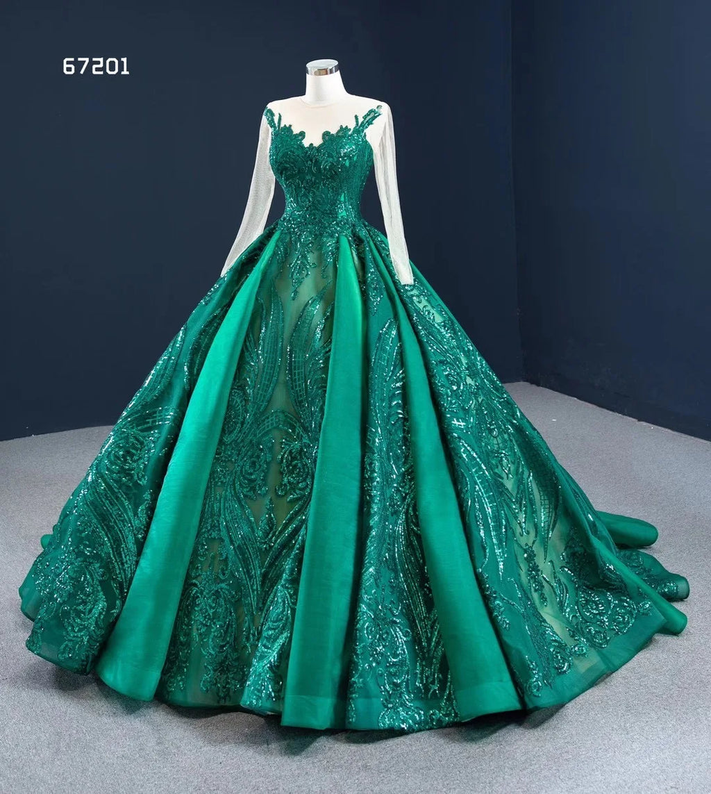 Feishiluo Luxury Green Sequin Lace Crystal Wedding Dress Long Sleeves Beaded Floral Appliques Embroidery Sweep Train Ball Gown