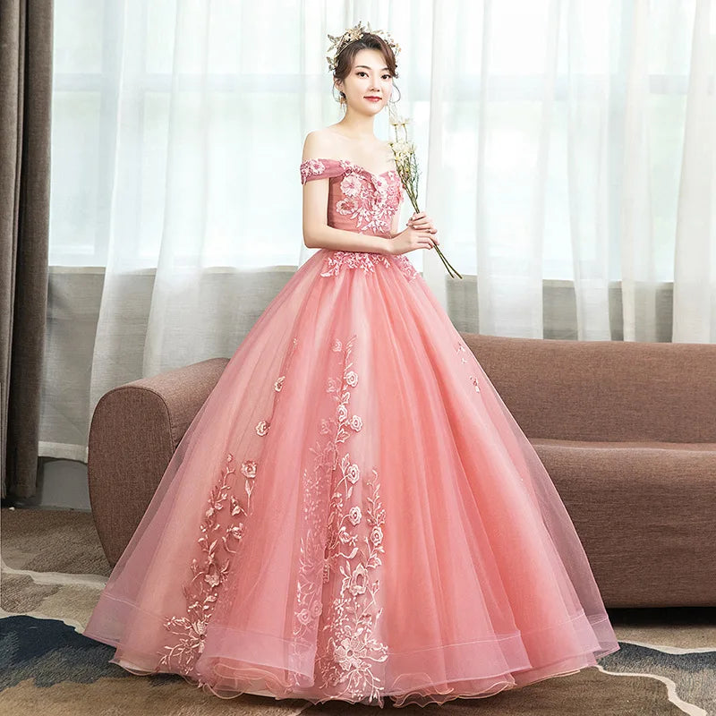 S 147A Evening Dress Long Style New Lace Beaded White Mesh Tulle Tutu Dress Slim Back Straps Bridal Wedding Dress