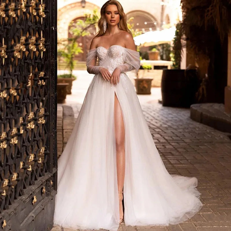 13073#Classic Elegant Off-Shoulder Long Sleeves Backless Bohemian Tulle Lace Split Wedding Dress Satin Sweep Train Bridal Gown