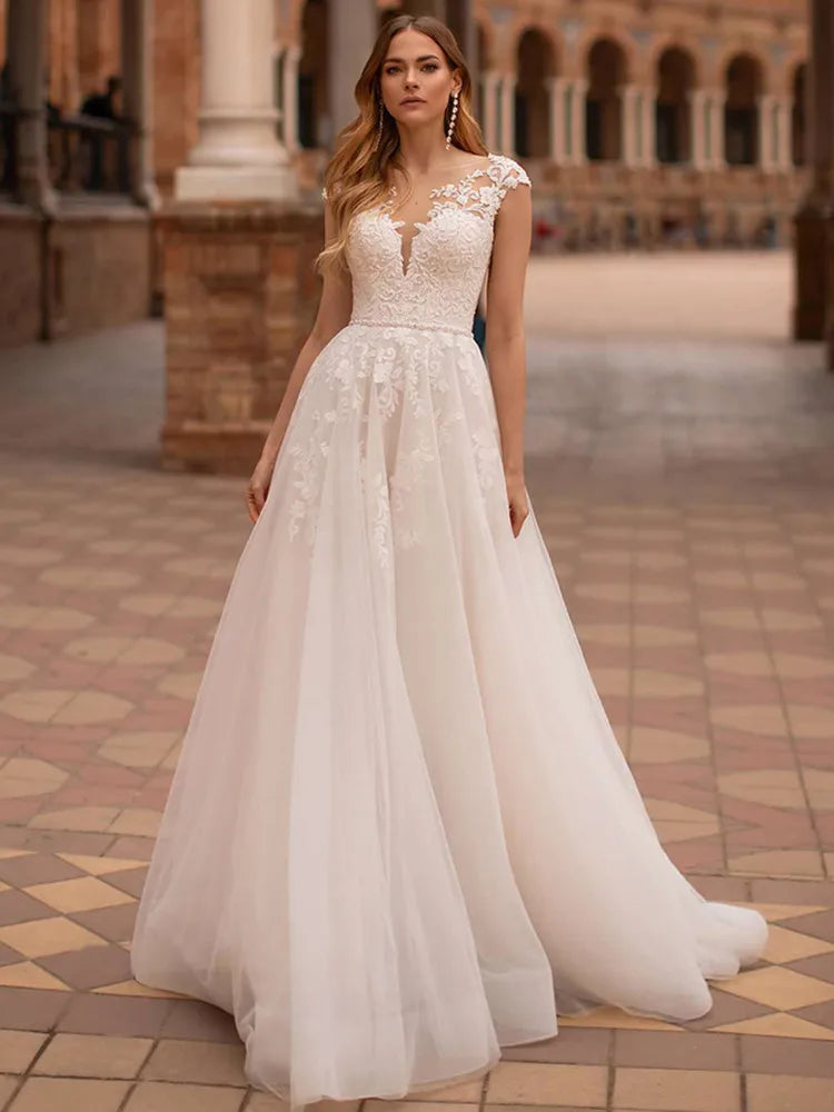 13145#Elegant Simple Wedding Dresses A-Line Boat Neck Cap Sleeves Illusion Back Sweep Train Lace Applique Wedding Bridal Gown